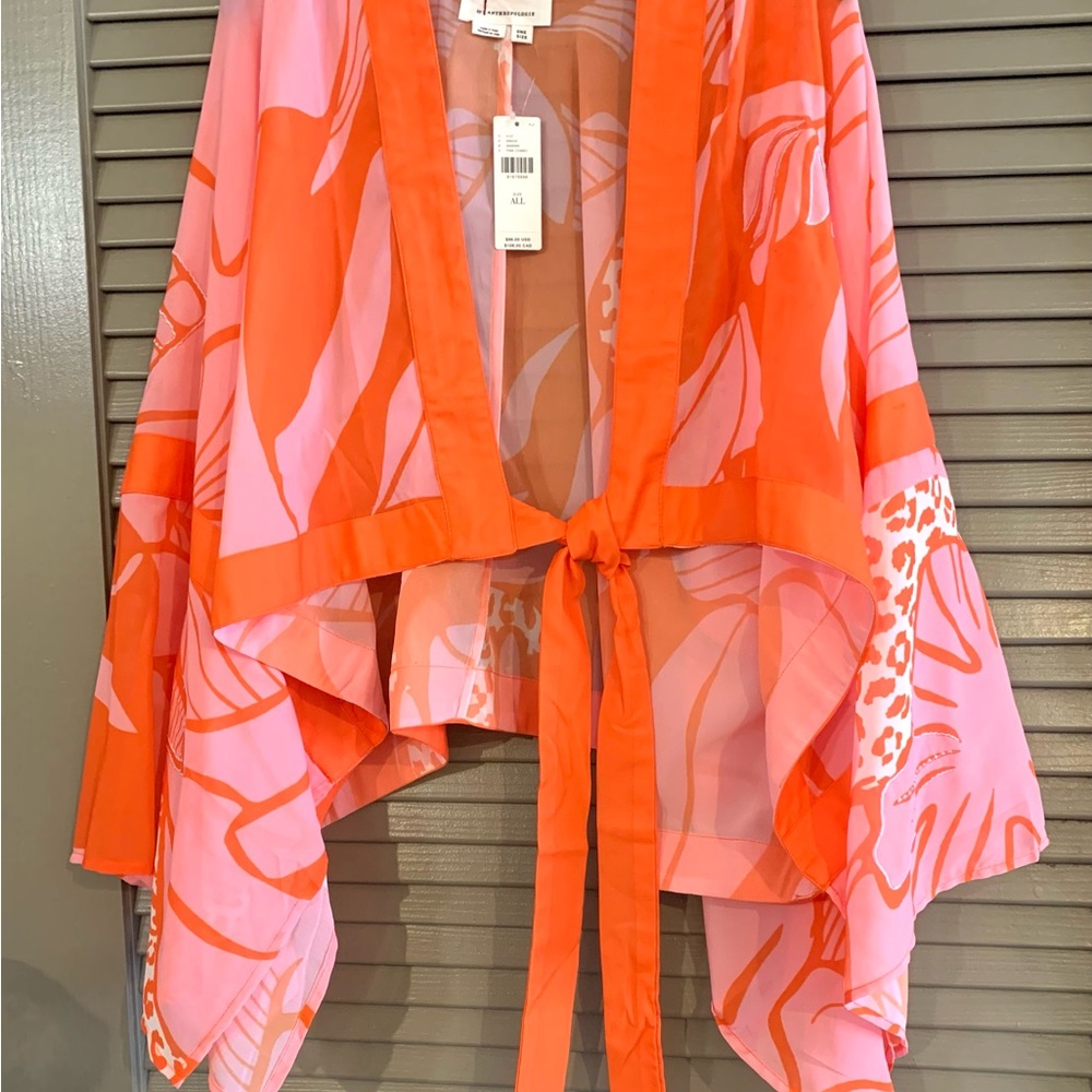 NWT Anthropologie tie-front Orange and Pink Floral Kimono style top. One size - Picture 4 of 4